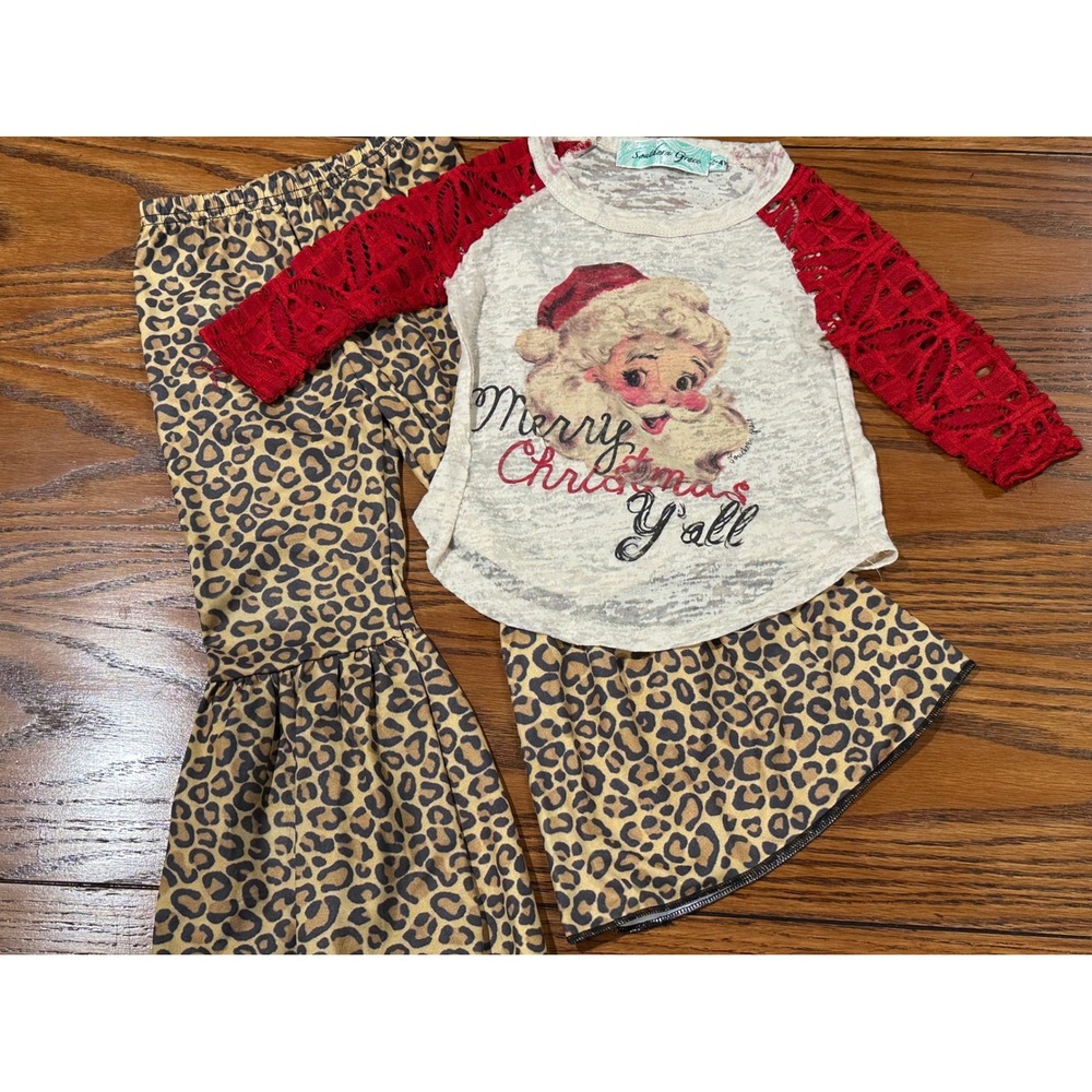 Southern Grace Girls Christmas Santa Raglan Lace Top Leopard Bell Bottoms Set 2T
